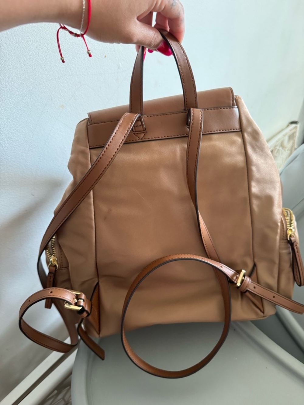 Michael Kors Brown Tan Leather-Trim Backpack - Picture 3 of 6